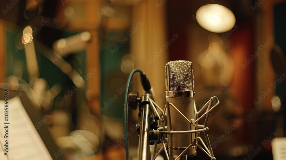 Close-up of microphone on stand in soundproof recording studio, positioned in front of script stand, symbolizing voice acting and audio production. Close-up of microphone on stand in soundproof recording studio, positioned in front of script stand, symbolizing voice acting and audio production.