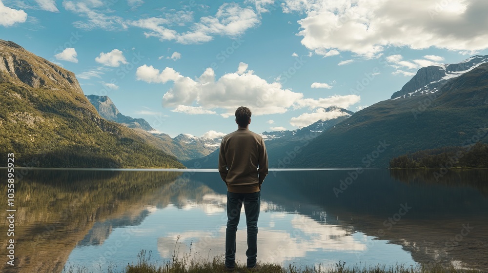 A young man taking in the scenery while standing close to a lake and a mountain. A young man taking in the scenery while standing close to a lake and a mountain.