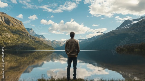 A young man taking in the scenery while standing close to a lake and a mountain.