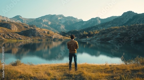 A young man taking in the scenery while standing close to a lake and a mountain.