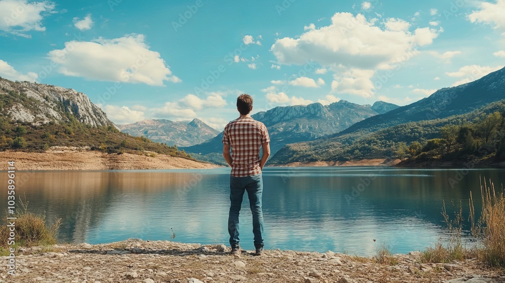 Fototapeta premium A young man taking in the scenery while standing close to a lake and a mountain.