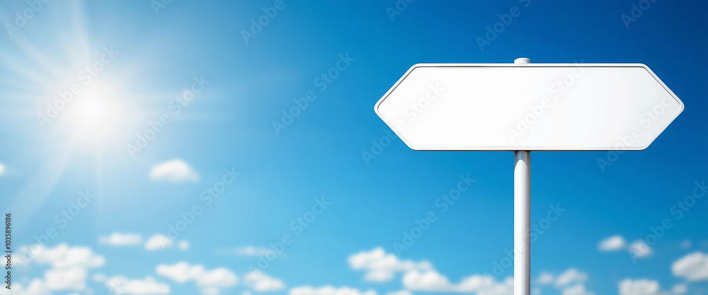 Minimalistic white signpost against clear blue sky with empty, blank copy space for text Minimalistic white signpost against clear blue sky with empty, blank copy space for text