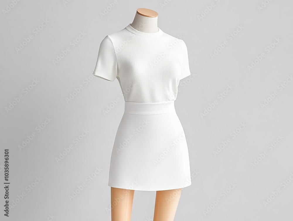 Mannequin wearing blank mini skirt, minimal shadows, neutral gray background, perfect for logo placement Mannequin wearing blank mini skirt, minimal shadows, neutral gray background, perfect for logo placement