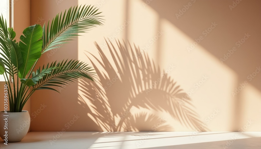 Palm Plant Shadow on Beige Wall, Minimalist Home Decor Concept. Palm Plant Shadow on Beige Wall, Minimalist Home Decor Concept.