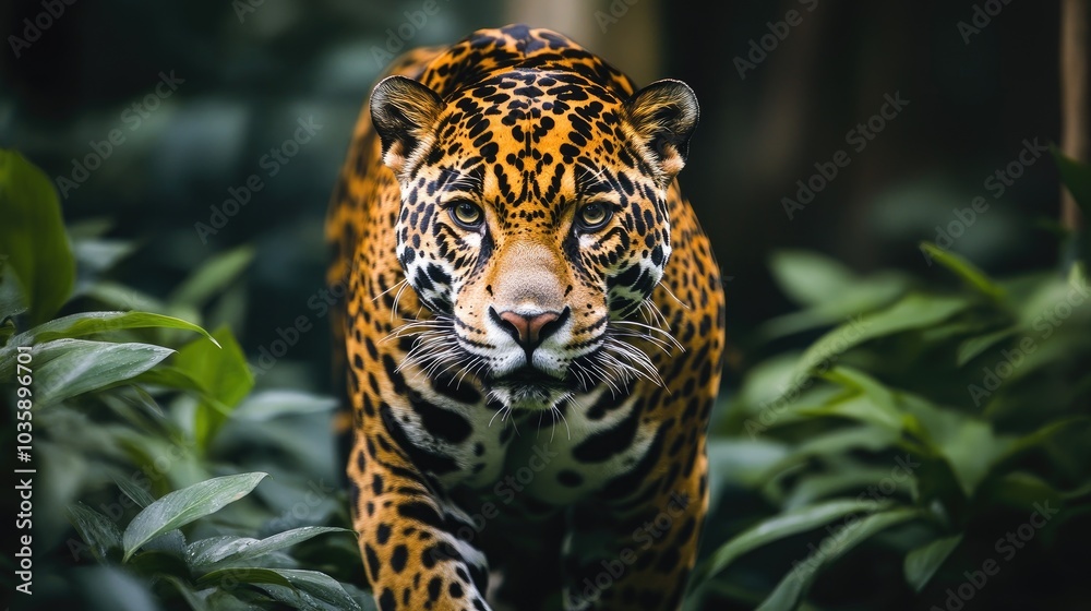 A powerful jaguar moves stealthily through lush, green jungle, its intense gaze fixed forward in a scene capturing the essence of nature's raw beauty and mystery.