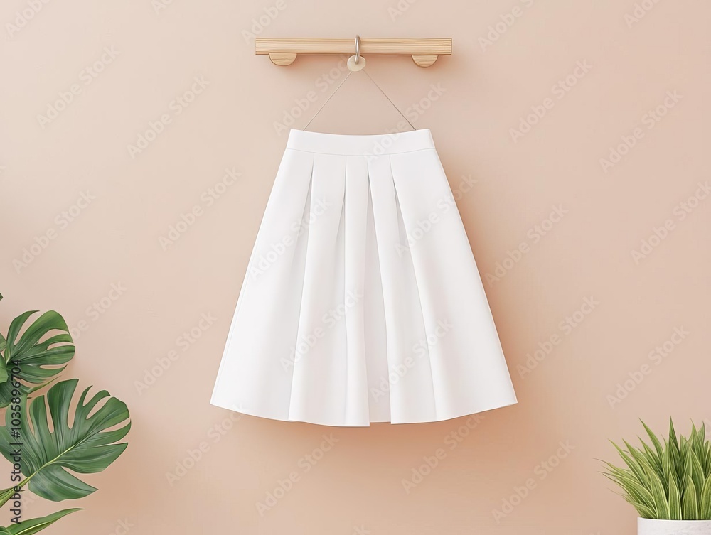White blank mini skirt hanging on a hook, neutral background, clean presentation for branding White blank mini skirt hanging on a hook, neutral background, clean presentation for branding