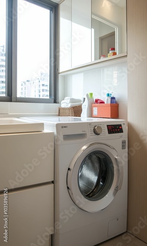 Modern laundry room with white washer.