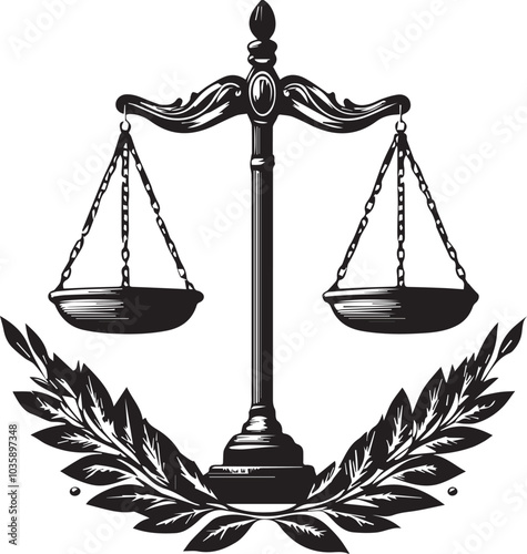 classic complex masterpiece monotone black logo logo of a scales of justice for a lawyer whit a olive leaft crown , on a white background