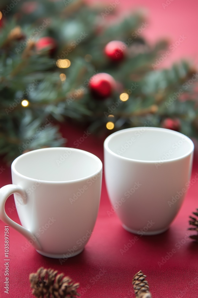 Two white cups are on a red background with a Christmas tree decoration. The cups are empty and the tree decoration is made of red balls Two white cups are on a red background with a Christmas tree decoration. The cups are empty and the tree decoration is made of red balls