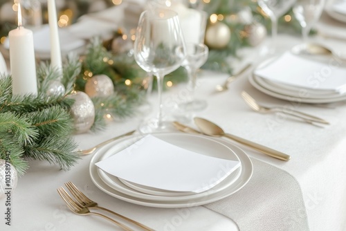 A table with a white tablecloth and a Christmas tree decoration. The table is set with a white plate, a fork, a knife, and a spoon. There are also wine glasses and a bowl on the table