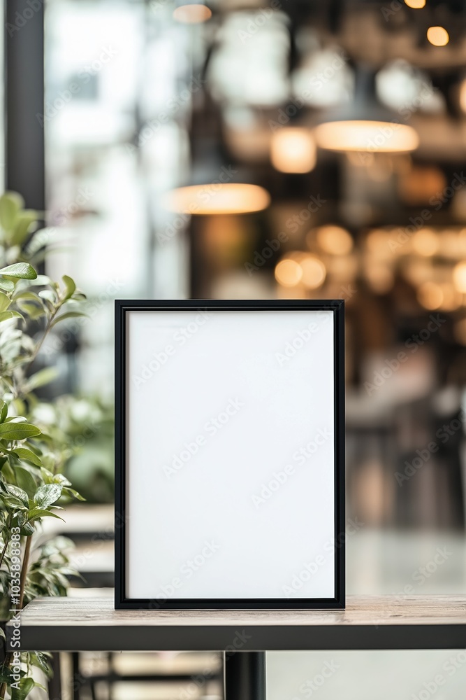 A black frame with a white background sits on a table. The frame is empty, and the background is blurry A black frame with a white background sits on a table. The frame is empty, and the background is blurry