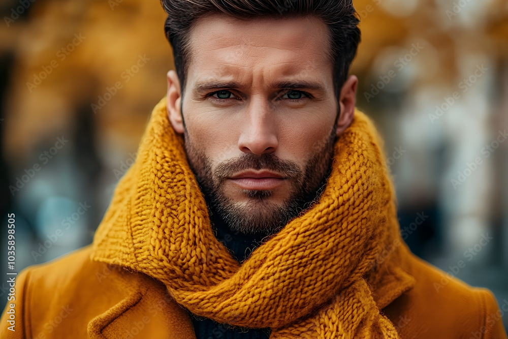 Close-up of a man's face with a textured yellow scarf, exuding warmth and style for the autumn season. Close-up of a man's face with a textured yellow scarf, exuding warmth and style for the autumn season.