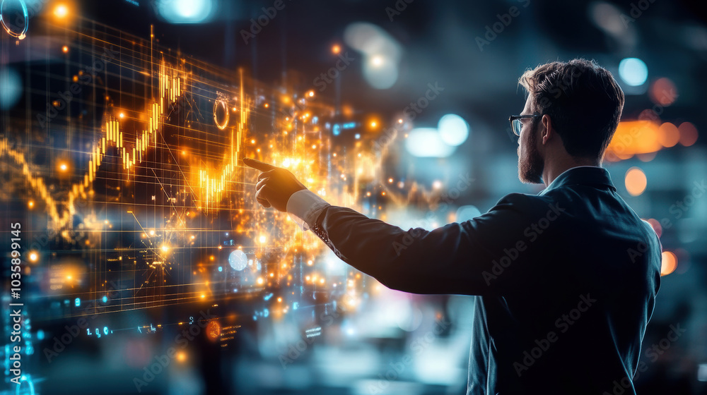 businessman pointing at glowing gold graph symbol, showcasing data analysis and growth businessman pointing at glowing gold graph symbol, showcasing data analysis and growth