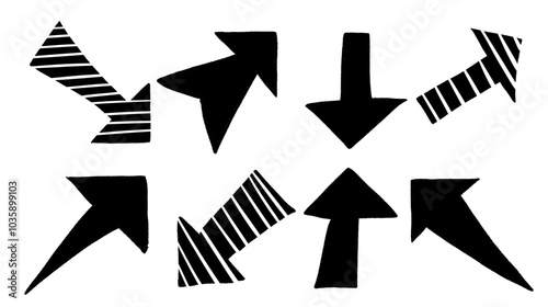 Hand drawn black arrows in various sizes and styles, pointing in different directions. Ideal for creative and design projects.