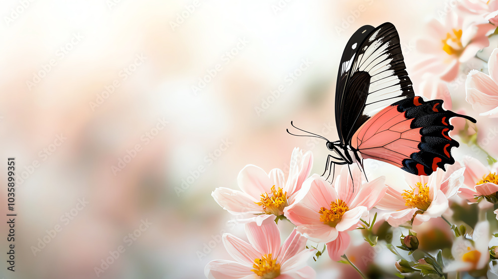 Fototapeta premium A beautiful butterfly perched on delicate pink flowers in a serene natural setting