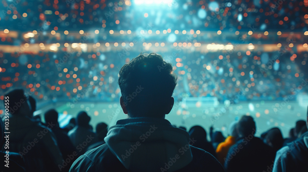 Man standing before a cheering stadium crowd under bright stadium lights Man standing before a cheering stadium crowd under bright stadium lights
