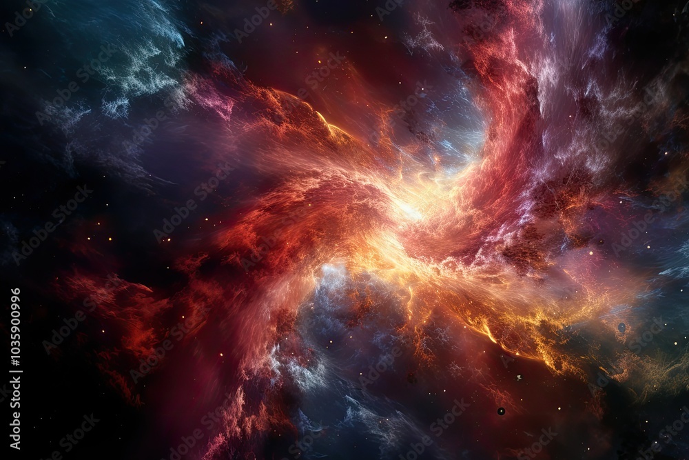 This artwork reveals a mesmerizing abstract galaxy filled with fiery reds deep blues and swirling gas formations evoking the vastness of space