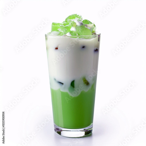 Glass of Es Cendol: green jellies, coconut milk, layered; white background; no actions; refreshing, tropical; Southeast Asian dessert. photo