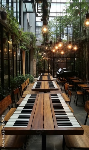 Piano key tables with chairs in a greenhouse.