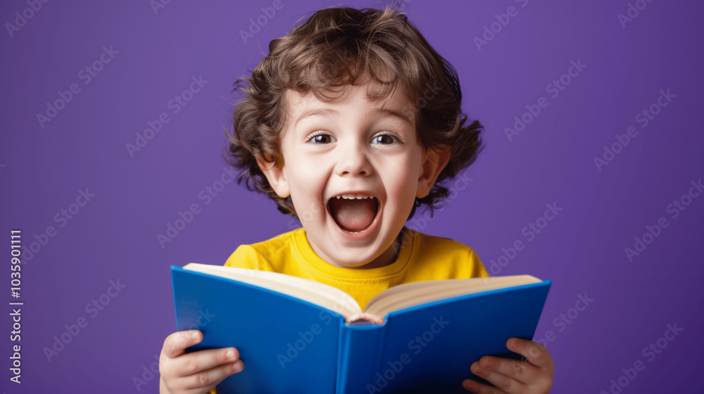 Excited young boy reading a blue book with wide smile against purple background Excited young boy reading a blue book with wide smile against purple background
