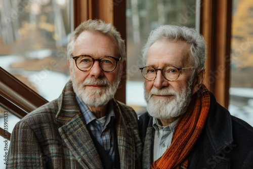 Waist up photo of two mature white men climbing stairs inside the office