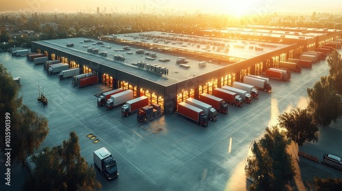 Aerial view of a large warehouse with many semi trucks loading and unloading.