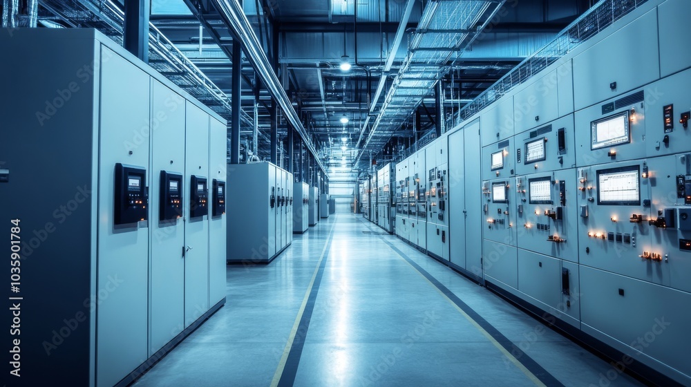 Fototapeta premium A cutting-edge smart grid power distribution center, modern facility with advanced control panels, Industrial style