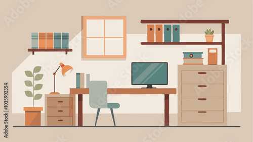 The home office features a minimalist desk with a builtin shelf and file cabinet surrounded by a neutral color scheme and natural wood accents.