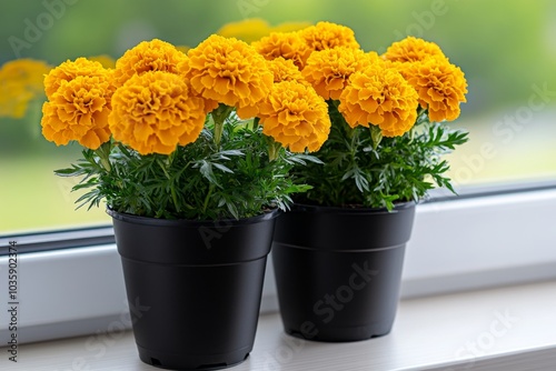 Potted marigold plants on a windowsill, adding a burst of color to the room