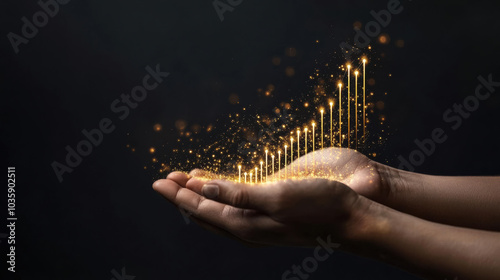 Hands holding golden growth graph with upward lines, symbolizing success and prosperity
