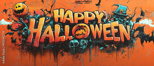 happy halloween on orange background in graffiti style