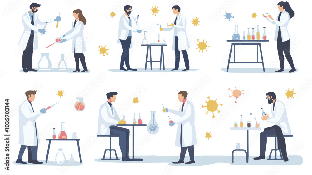 Scientists characters. Researchers people work in lab. Isolated doctors exploring virus and DNA. Chemists experimenting with test tubes in laboratory. Vector
