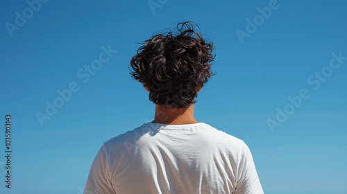 Man in a white shirt looking at a clear blue sky