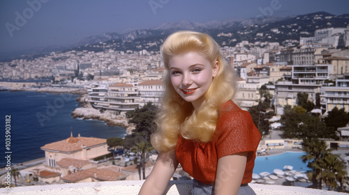 In the 1950s, a woman with long blonde hair strikes a pose with the French Riviera in the background