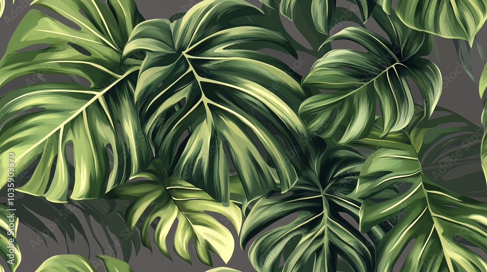 A vector jungle pattern featuring large monstera leaves and ferns in lush greens, with a neutral grey background for contrast A vector jungle pattern featuring large monstera leaves and ferns in lush greens, with a neutral grey background for contrast