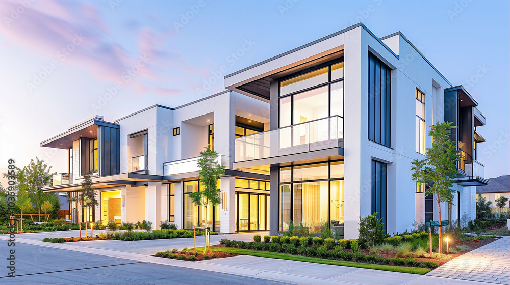 Modern house architectural design contemporary style urban environment with lush landscaping Modern house architectural design contemporary style urban environment with lush landscaping