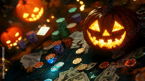 Halloween-themed casino with poker chips and money scattered around  - photo