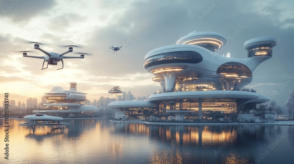 A cutting-edge dairy factory floats on serene waters, featuring drones and futuristic architecture enhancing production A cutting-edge dairy factory floats on serene waters, featuring drones and futuristic architecture enhancing production