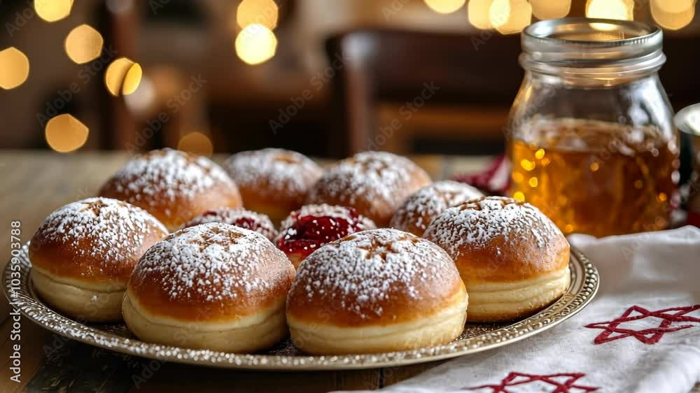 Sufganiyot with jam and powdered sugar on plate with honey and star of david napkin during hanukkah jewish holiday.