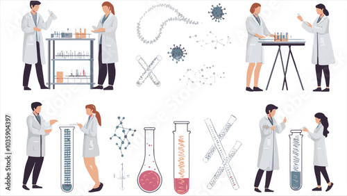 Scientists characters. Researchers people work in lab. Isolated doctors exploring virus and DNA. Chemists experimenting with test tubes in laboratory. Vector
