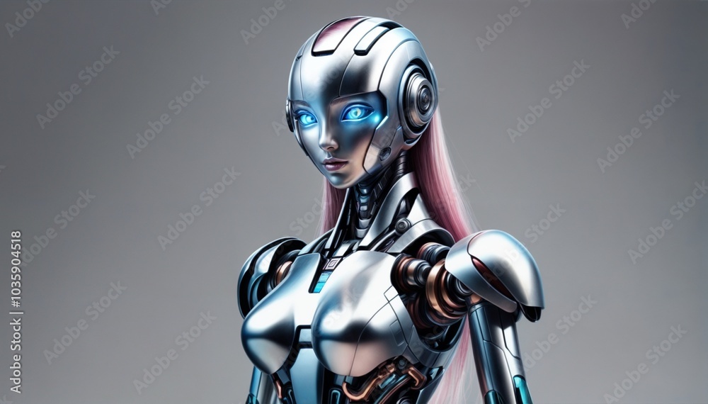 charming female robot with blue eyes in a clean gray environment charming female robot with blue eyes in a clean gray environment