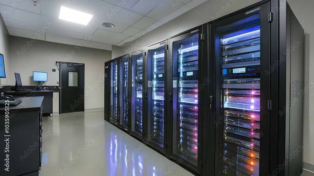 Modern server room with LED-lit racks and sleek digital consoles - Modern server room with LED-lit racks and sleek digital consoles -