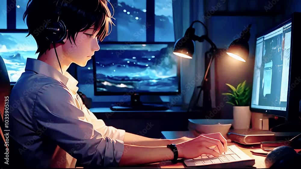 Lofi animation. Seamless loop. boy listening the music. Assets were ...