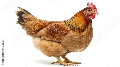 A brown hen standing on a white background.