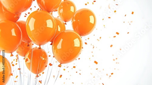 A bunch of orange balloons floating up against a white background, with orange confetti floating in the air. photo