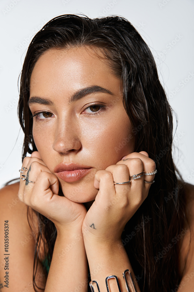 A young woman poses thoughtfully, resting her chin on her hands, exuding elegance. A young woman poses thoughtfully, resting her chin on her hands, exuding elegance.