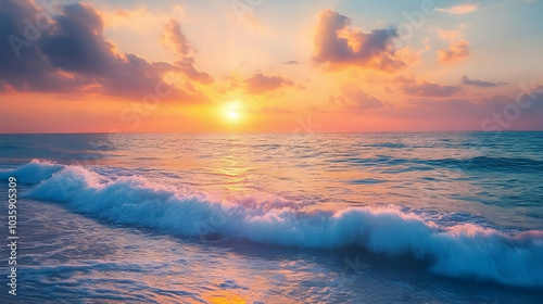 Ocean waves crashing gently as a colorful sunset paints the horizon with tranquility -