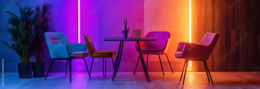 Podcast room with neon lights and retro-style chairs and table - Podcast room with neon lights and retro-style chairs and table -