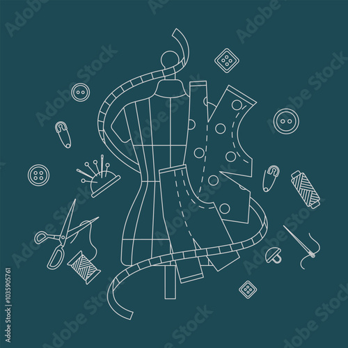 Dummy and accessories for atelier, dressmaker in outline Mannequin, patterns and sewing tools. Needlework, handmade, hobby. Tailoring or clothes designer concept. Isolated line vector illustration