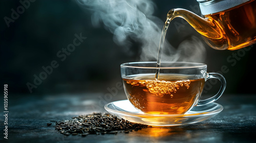 Pouring black tea into a glass cup, capturing the warmth and steam  -